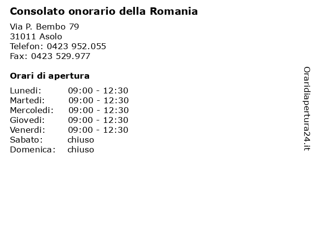 Orari di apertura Consolato onorario della Romania Via P. Bembo